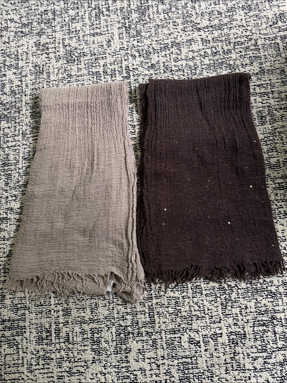 Vince Two-Pack Lightweight Fringe Scarves in Taupe and Dark Brown. Made in Italy
